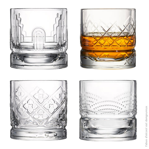 Set of 4 whisky tumblers DANDY with assorted designs - transparent