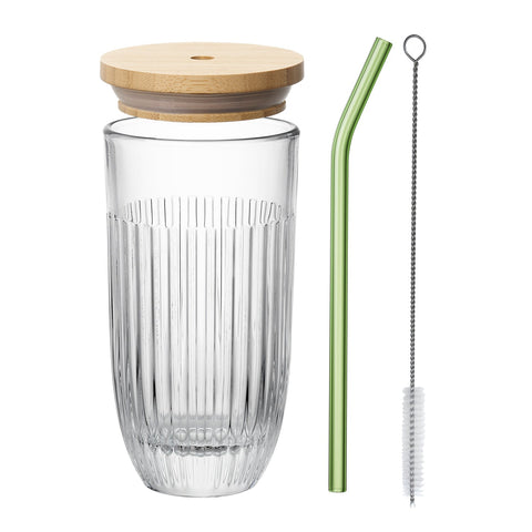 Smoothie Glass Set with green glass straw and brush OUESSANT - Transparent