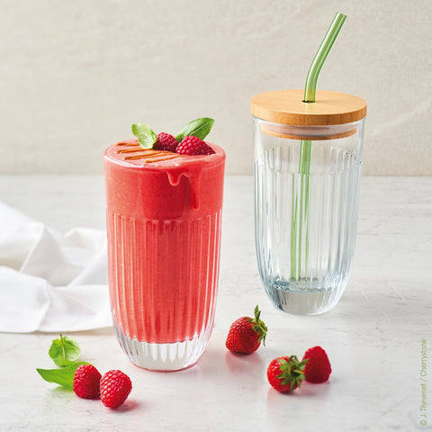 Smoothie Glass Set with green glass straw and brush OUESSANT - Transparent